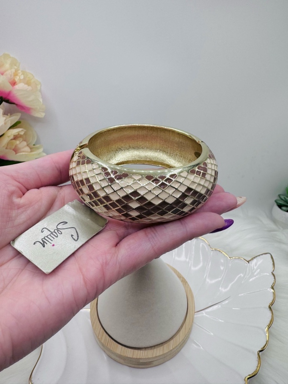 Gold Tone Mosaic Tile Wide Bangle Bracelet Statement  Nordstrom - Picture 6 of 8